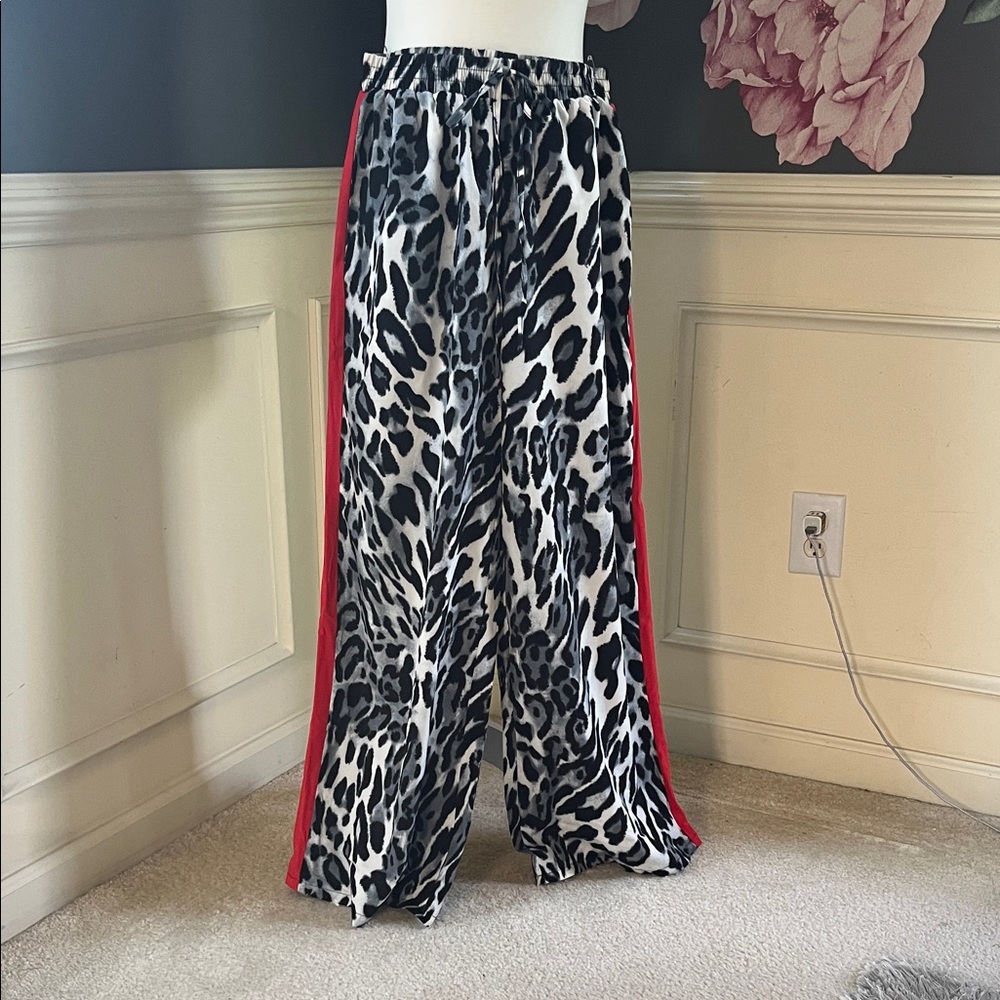 Leopard Print Wide-Leg Pants with Red Stripe